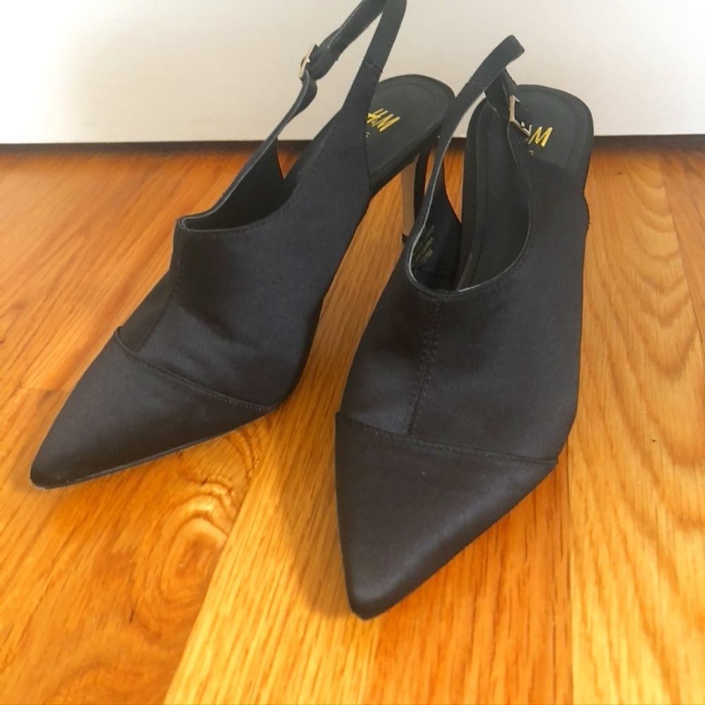 H & M Sling-back Black Satin Heel - 6